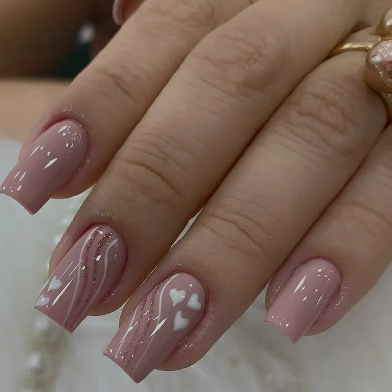 Valentine’s Day Dusty Mauve Pink Heart and Swirl Press-On Nail Set