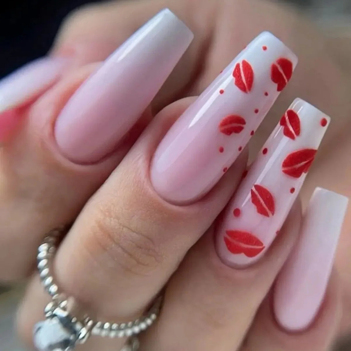 Valentine’s Day Pale Blush Pink Press On Nails with Red Lipstick Kisses and Dot Accents
