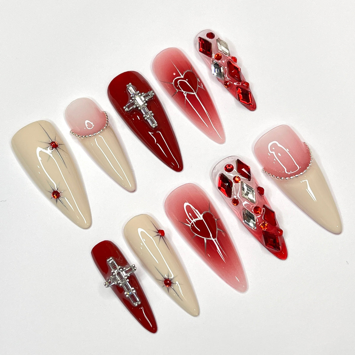 Valentine’s Day Red and Blush Heart Press On Nails with Silver Cross Charms and Rhinestones