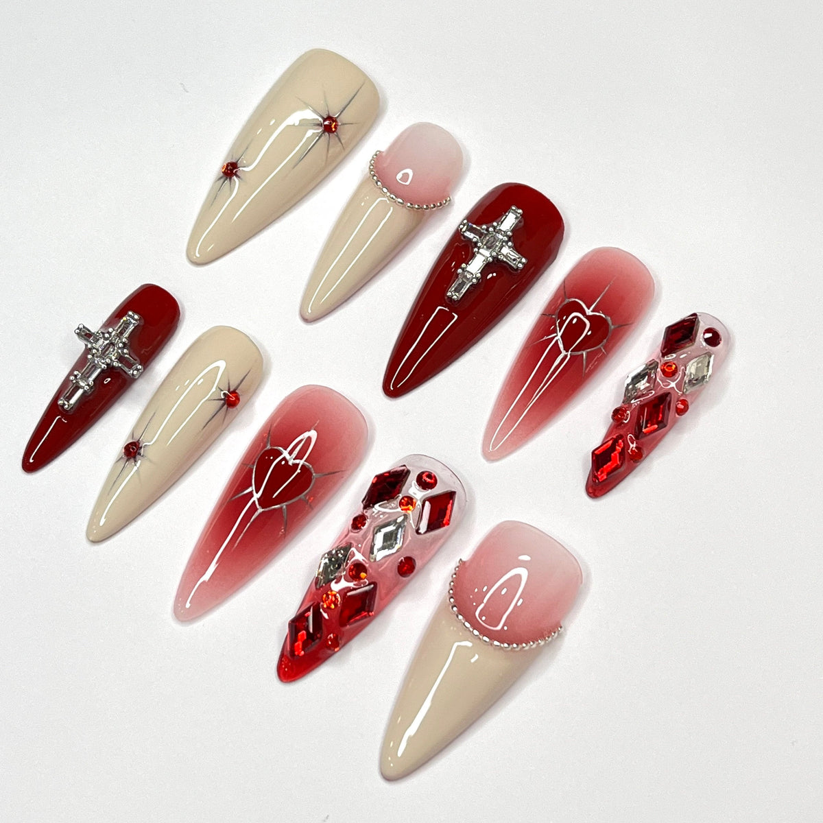 Valentine’s Day Red and Blush Heart Press On Nails with Silver Cross Charms and Rhinestones