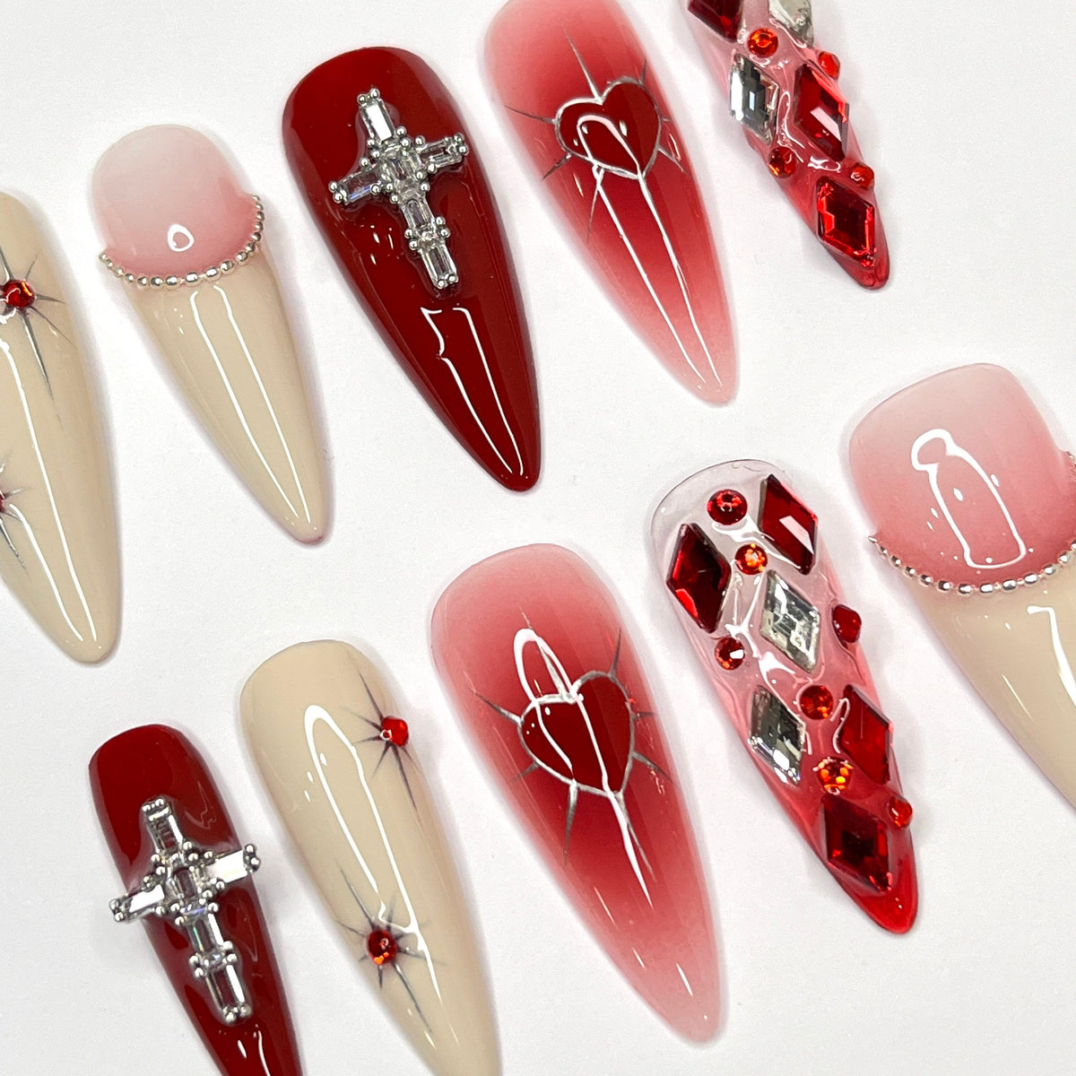 Valentine’s Day Red and Blush Heart Press On Nails with Silver Cross Charms and Rhinestones