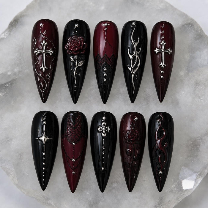 Vampire Gothic Lace Press On Nails in Wine Red and Black with Silver Crosses, Roses and Rhinestones