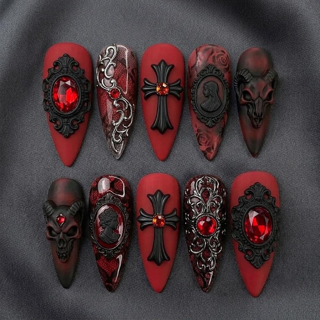 Vampire Gothic Red and Black Press-On Nails with Ruby Gems, Skulls, Crosses and Cameos
