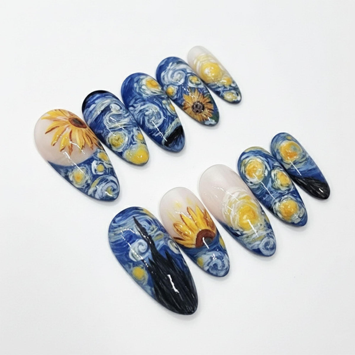 Van Gogh-Inspired Blue Starry Night and Sunflower Nail Set