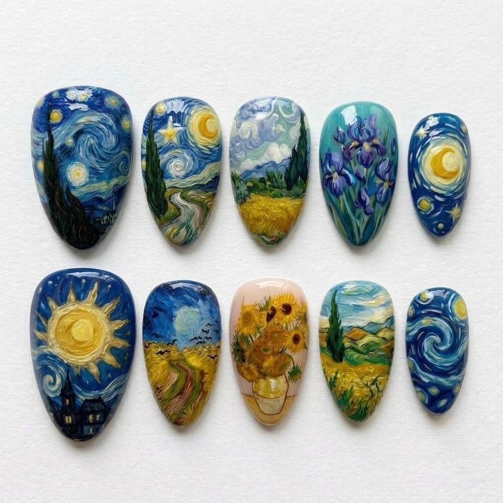 Van Gogh-Inspired Starry Night and Sunflower Nail Art Set