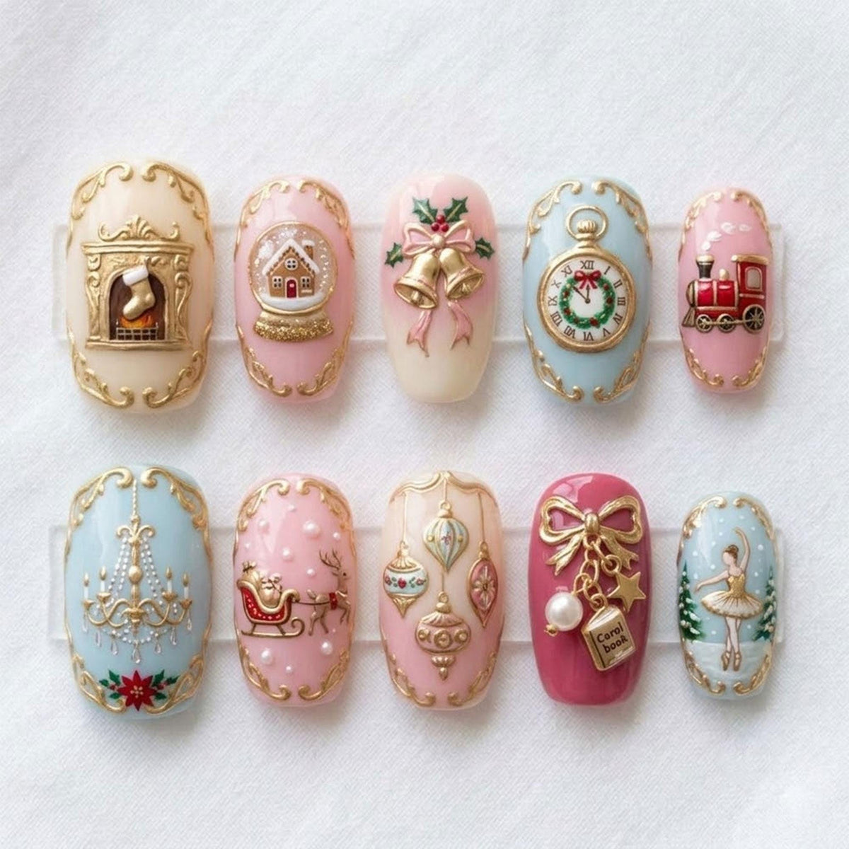 Victorian Christmas Nail Set With Gold Filigree and Holiday Motifs