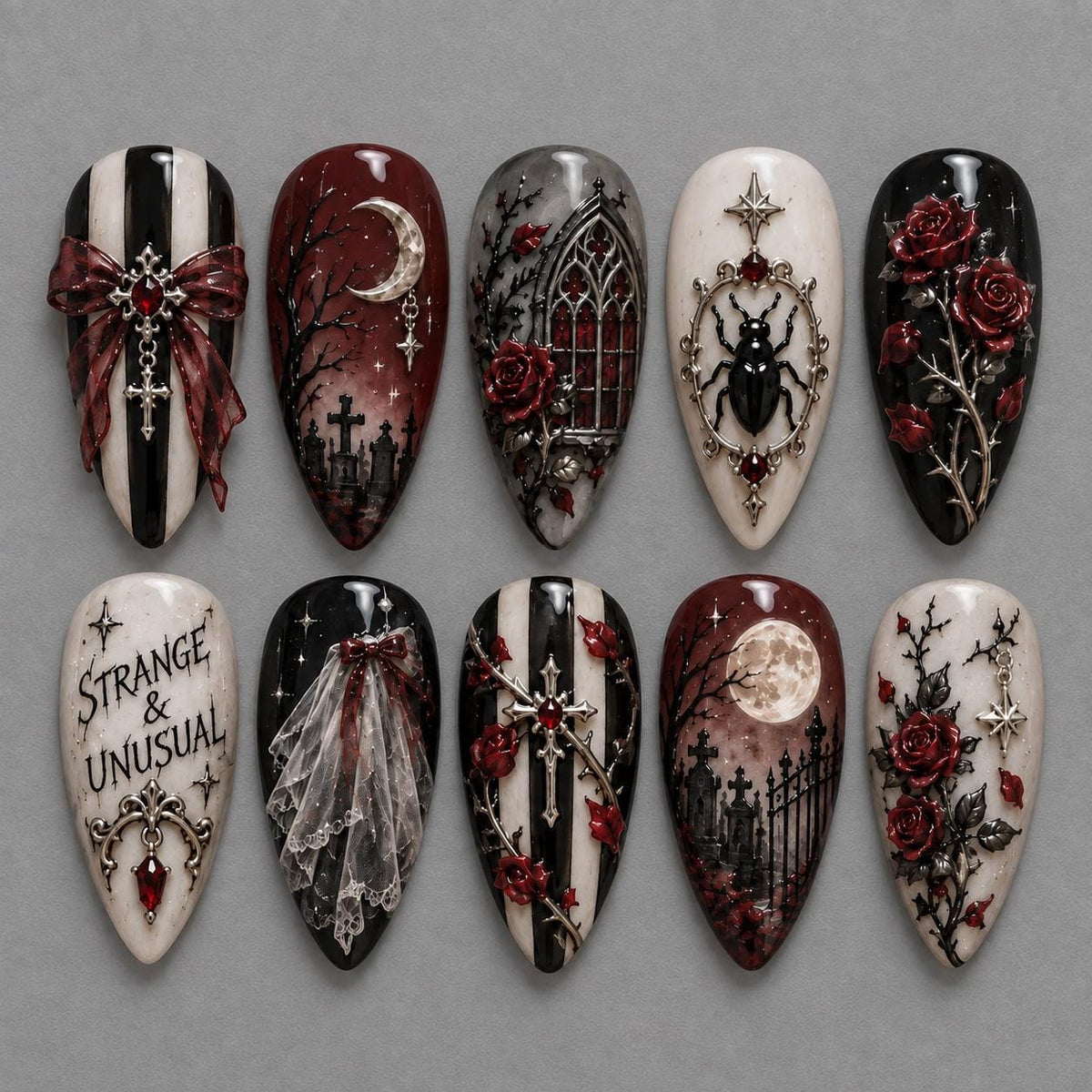 Victorian Gothic Nails With Burgundy Roses, Moons, Crosses, and Chains