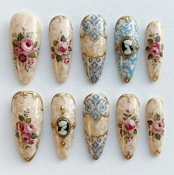 Victorian Rose Cameo Press On Nails With Blue and Gold Porcelain Details