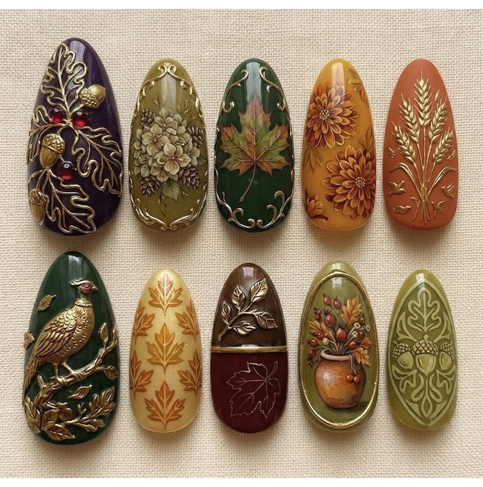 Vintage Autumn Harvest Press-On Nails With Pheasant, Gold Botanical Details, and Fall Colors