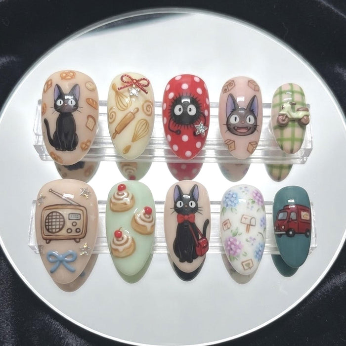 Vintage Cat Bakery Press-On Nail Set With Bread, Cakes, Bows & Polka Dots