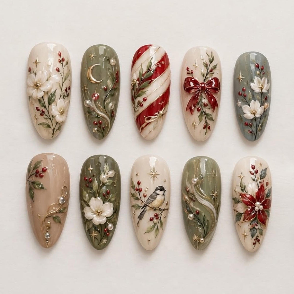 Vintage Christmas Floral Press On Nails With Poinsettias, Bird, and Red Bow