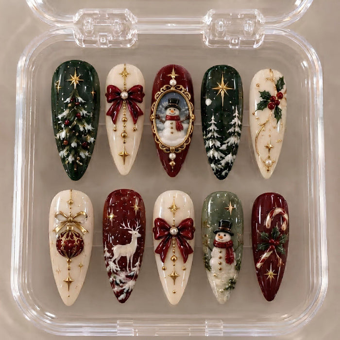 Vintage Christmas Press On Nails With Evergreen Trees, Snowmen, Reindeer, Bows & Gold Accents