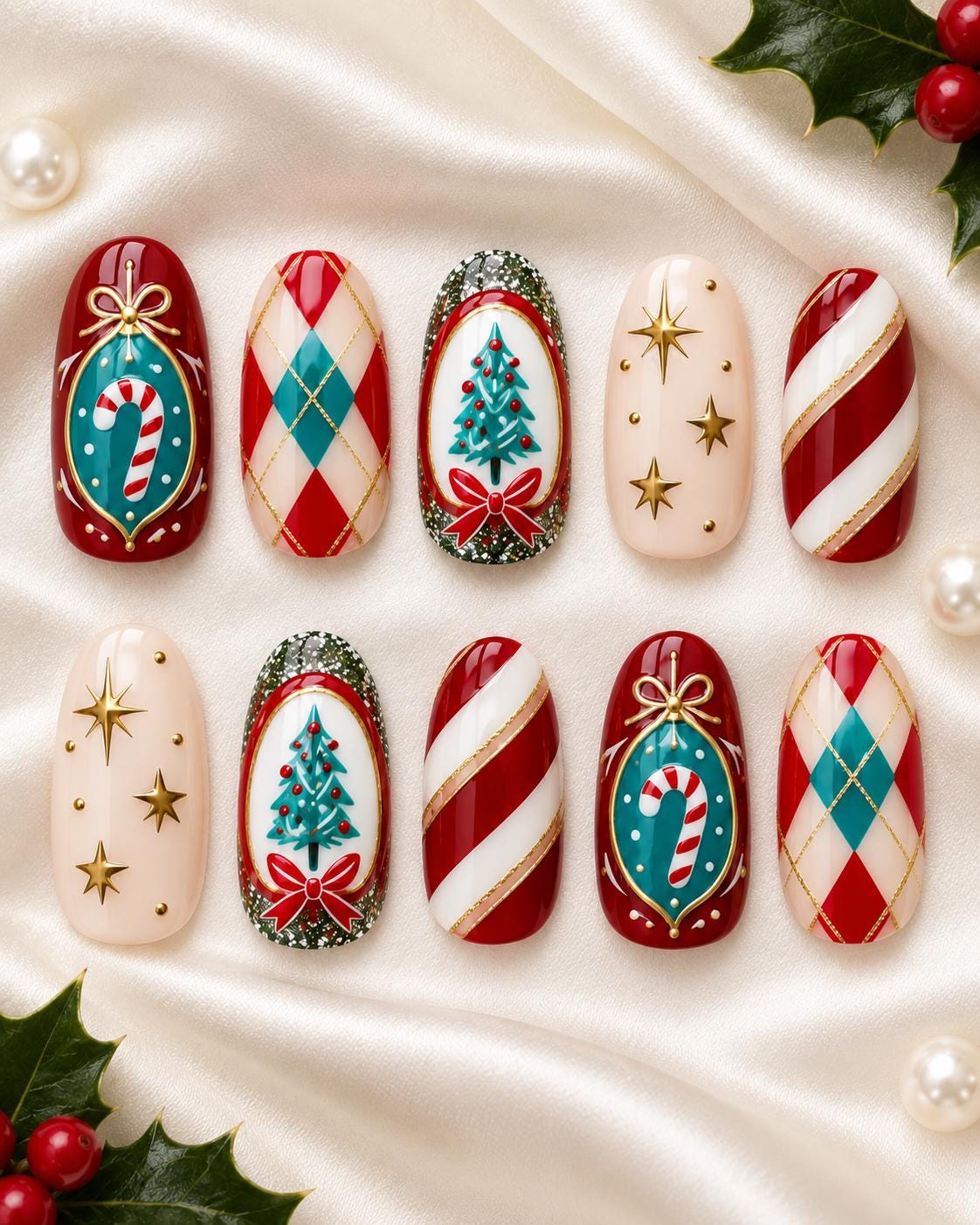Vintage Christmas Press On Nails With Candy Cane Stripes, Plaid, Ornaments and Gold Stars