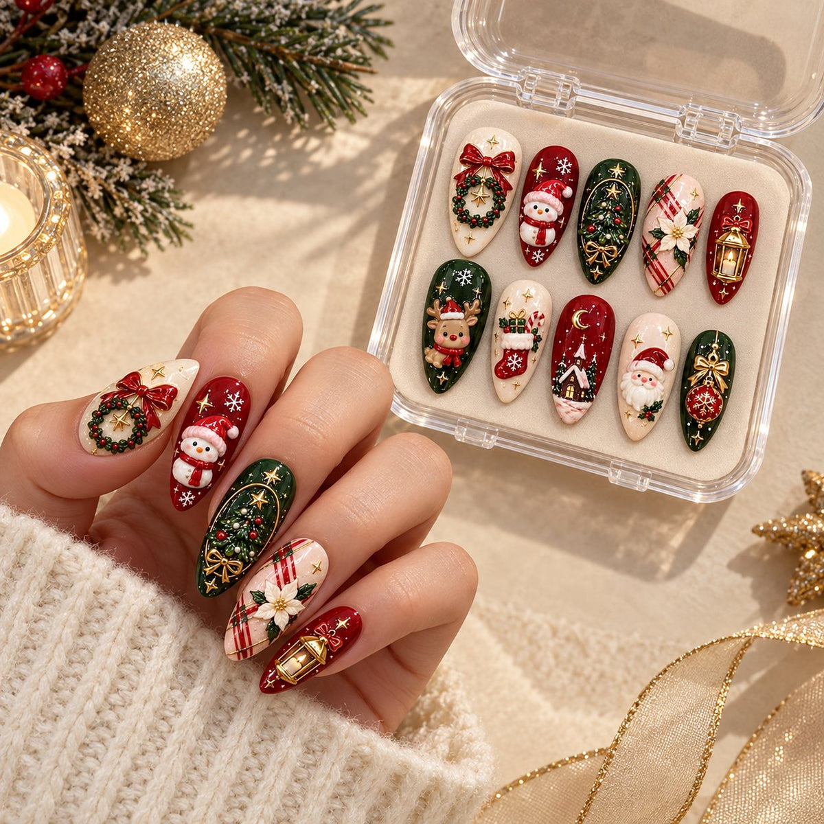 Vintage Christmas Press On Nails With Santa, Reindeer, Wreaths and Gold Details worn on hand with acrylic storage box