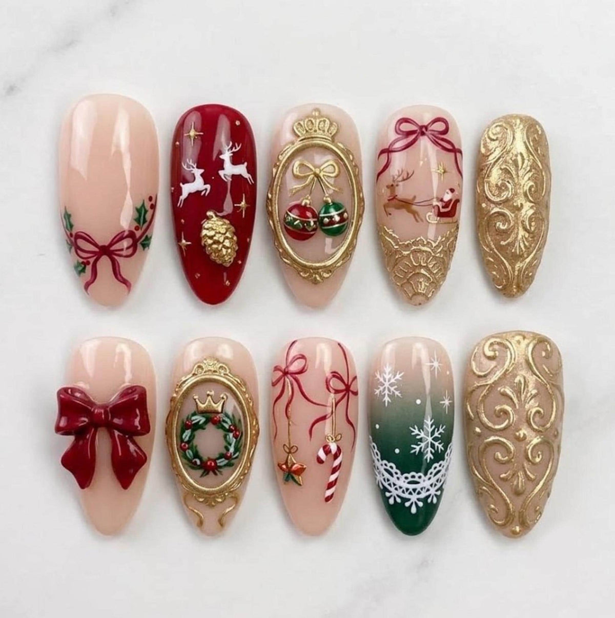 Vintage Christmas Press On Nails with Sculpted Red Bows and Ornate Gold Frames