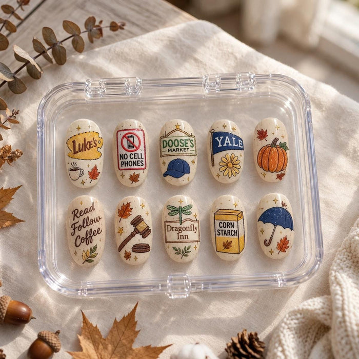 Vintage Fall Storybook Press-On Nails With Coffee, Market Signs, Pumpkins and Gold Stars
