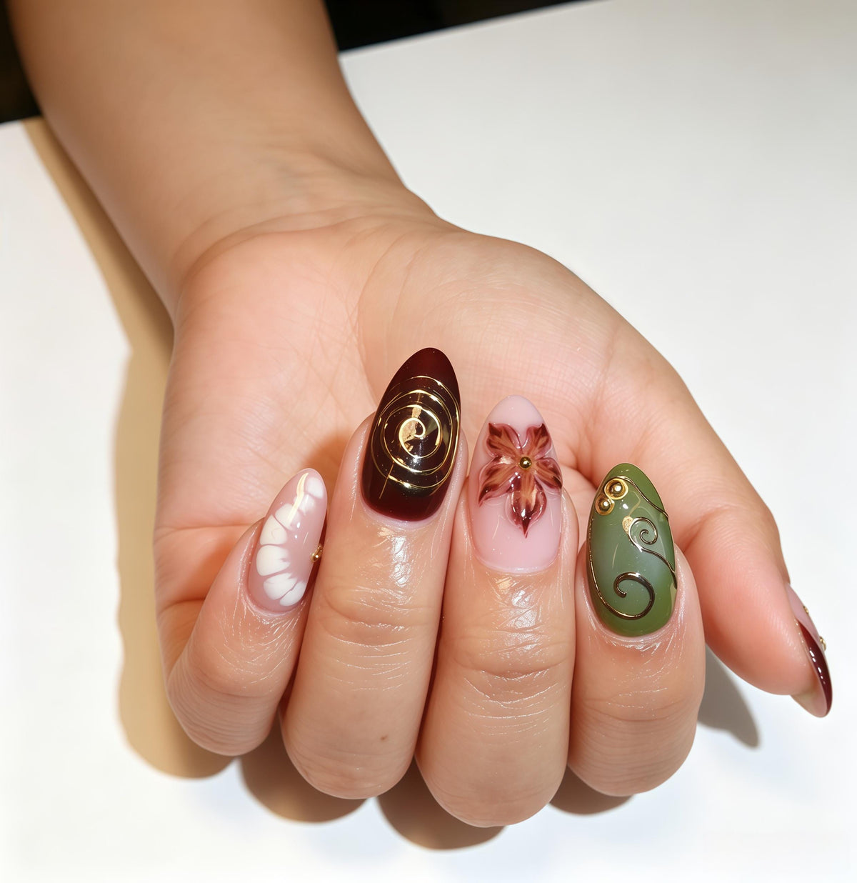 Vintage Floral Press-On Nails in Sage Green, Burgundy, and Blush With Gold Details