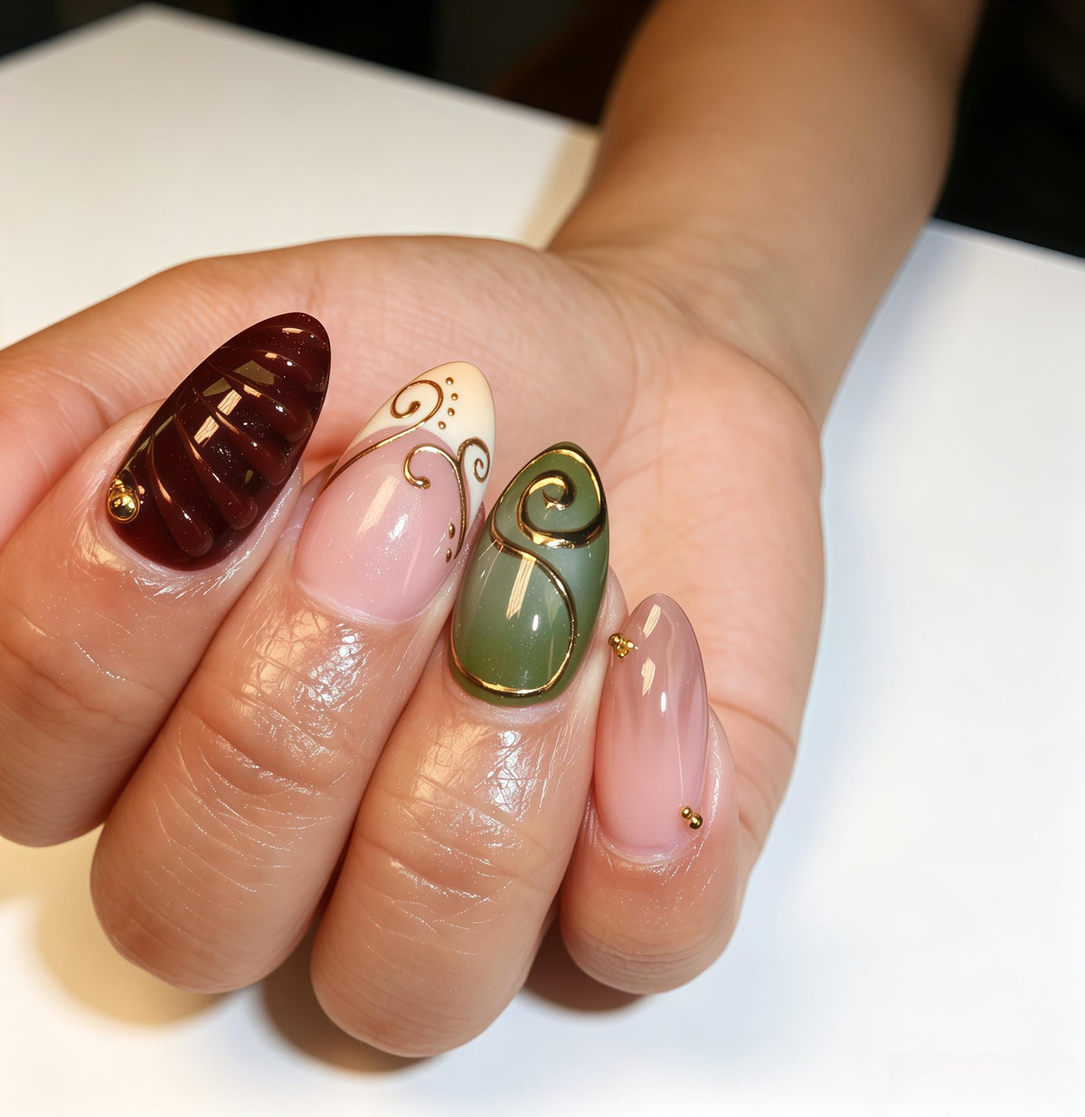 Vintage Floral Press-On Nails in Sage Green, Burgundy, and Blush With Gold Details