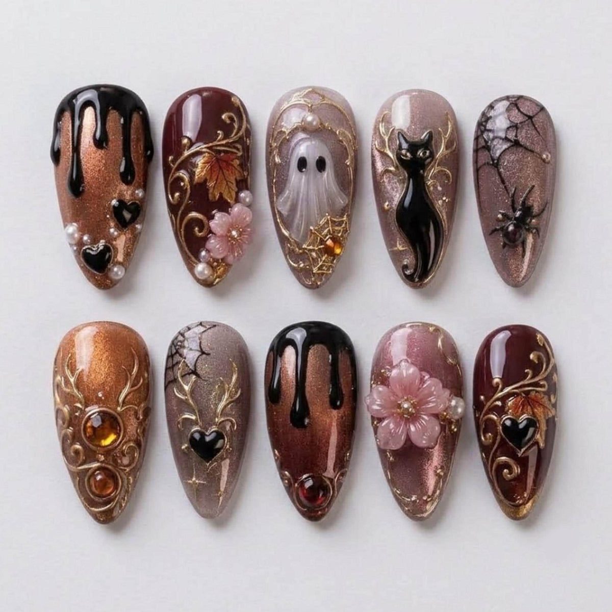 Vintage Halloween Ghost and Black Cat Nails with Gold Swirls, Spiders, and Floral Details