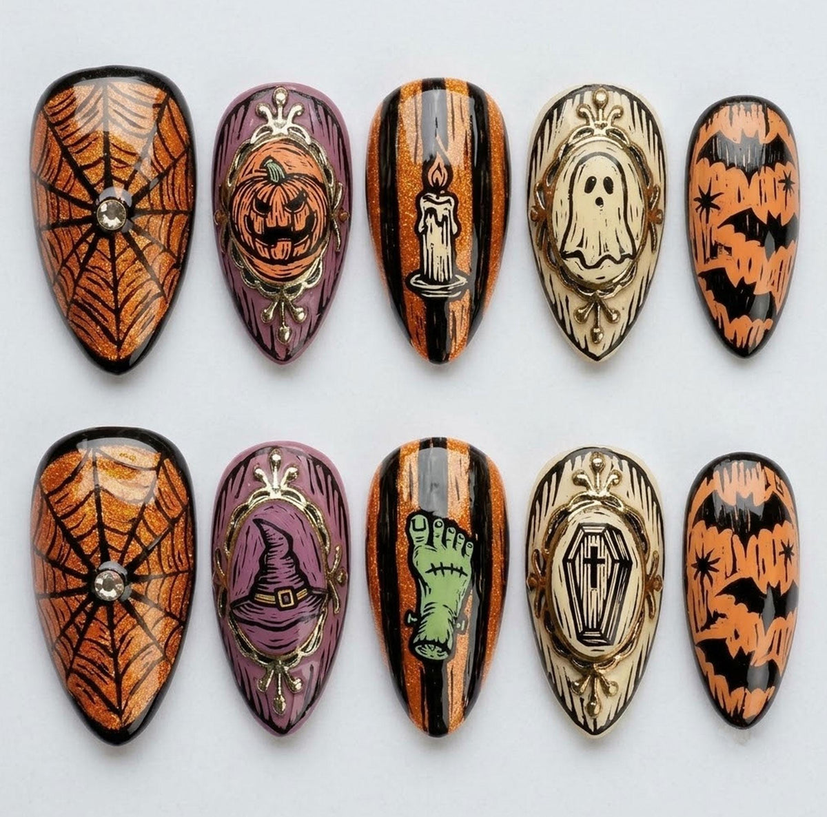 Vintage Halloween Press-On Nails with Gold Frames, Orange Glitter, Bats and Spooky Portraits