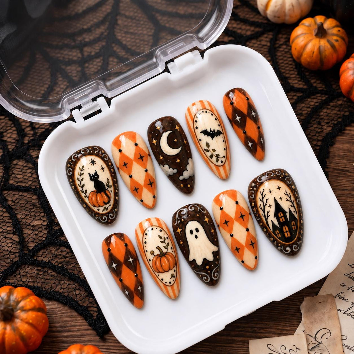 Vintage Halloween Pumpkin, Ghost, Cat and Haunted House Nail Set