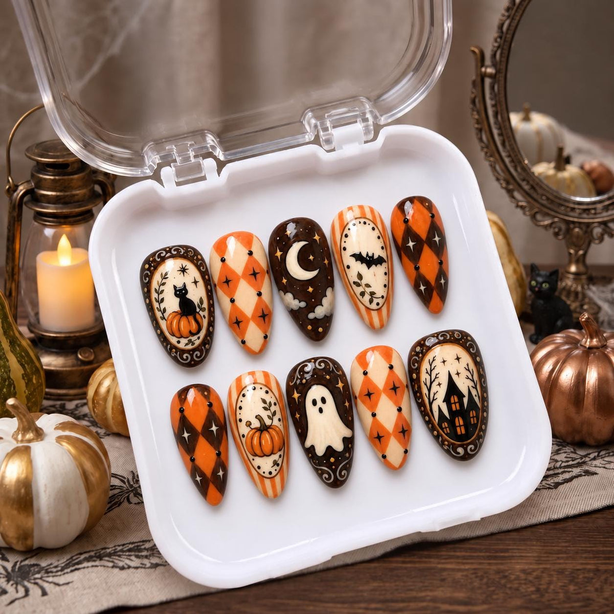 Vintage Halloween Pumpkin, Ghost, Cat and Haunted House Nail Set