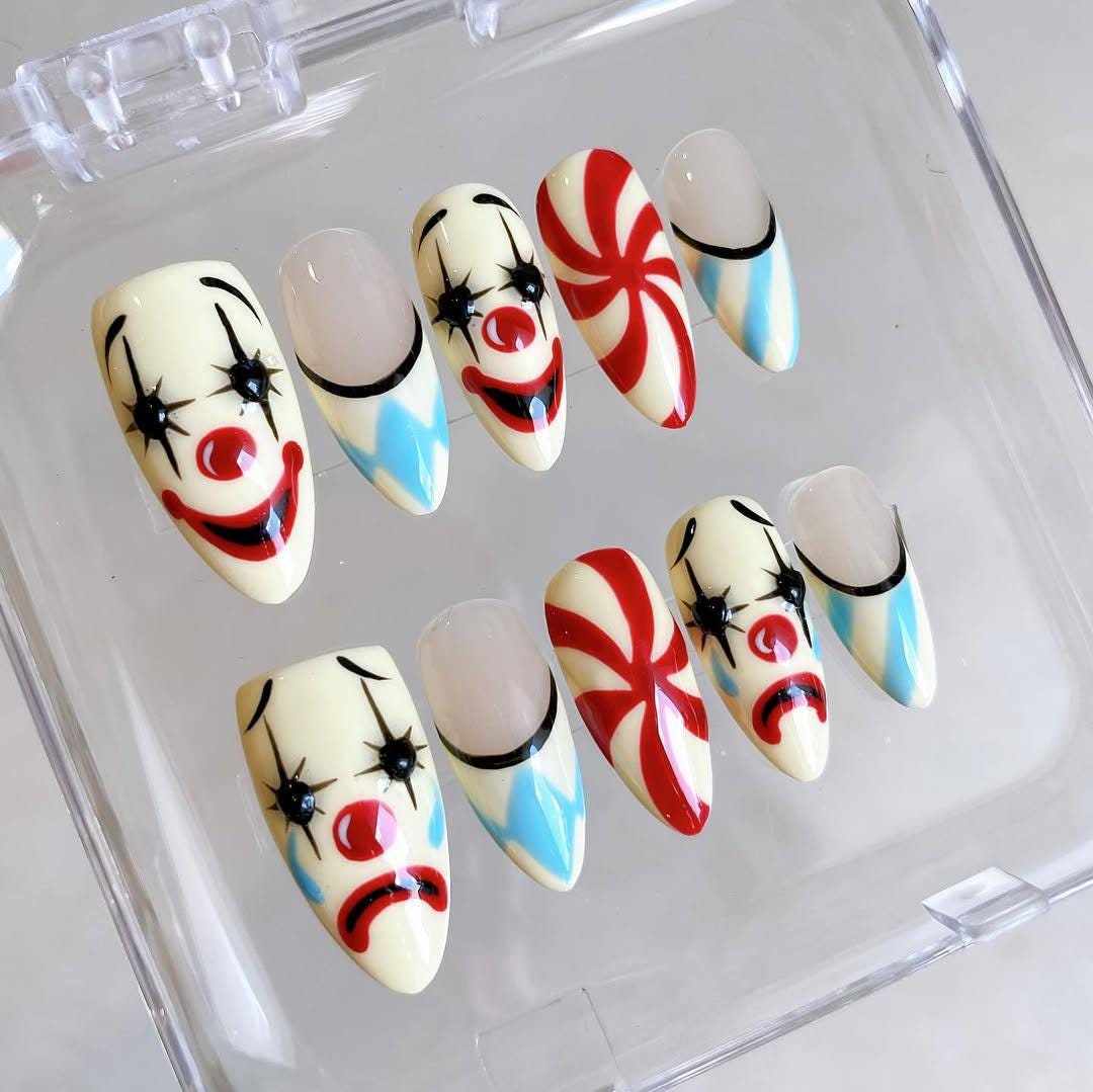 Vintage Pierrot Clown Press-On Nails With Peppermint Swirls and Blue French Tips