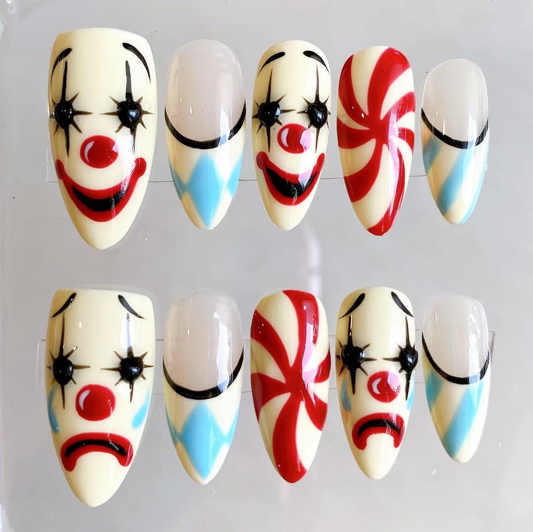 Vintage Pierrot Clown Press-On Nails With Peppermint Swirls and Blue French Tips