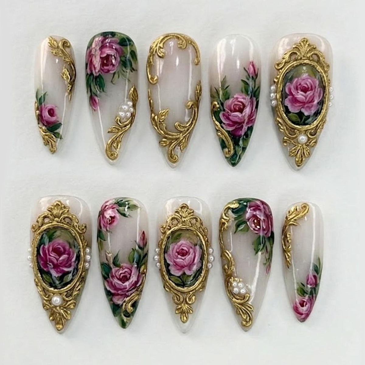 Vintage Rose Floral Press On Nail Set with Raised Gold Baroque Frames