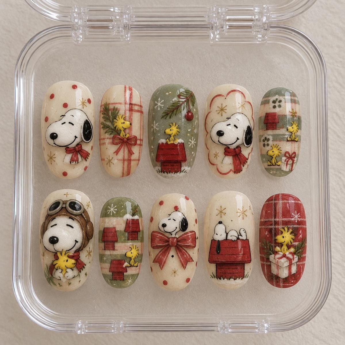 Vintage Snoopy and Woodstock Christmas Nail Set with Plaid, Bows, and Holiday Details