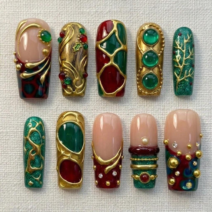 Vintage Stained Glass Christmas Press On Nails With Gold Details, Red and Green Gems