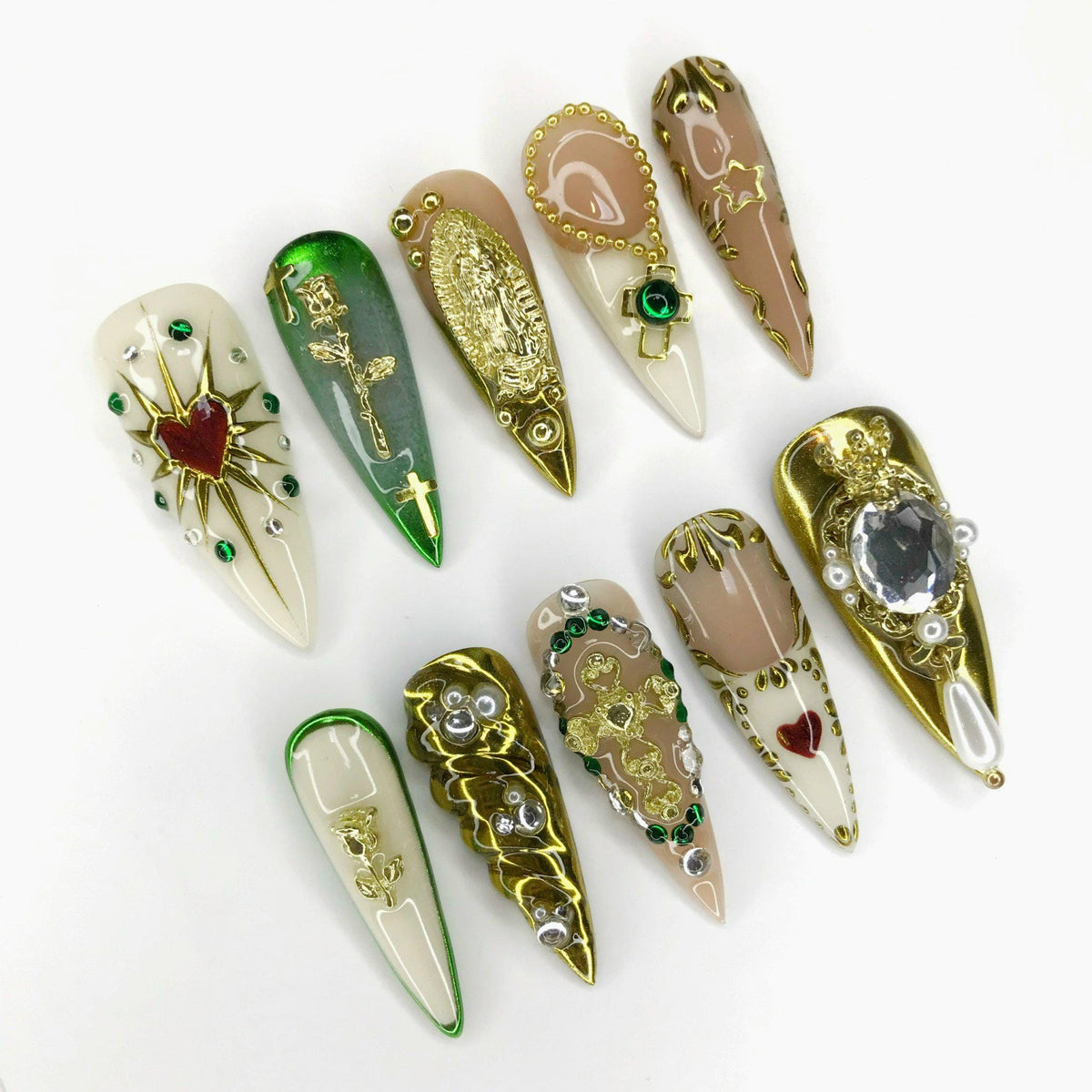 Virgin Mary and Cross Nail Set With Gold Details, Rhinestones and Pearls