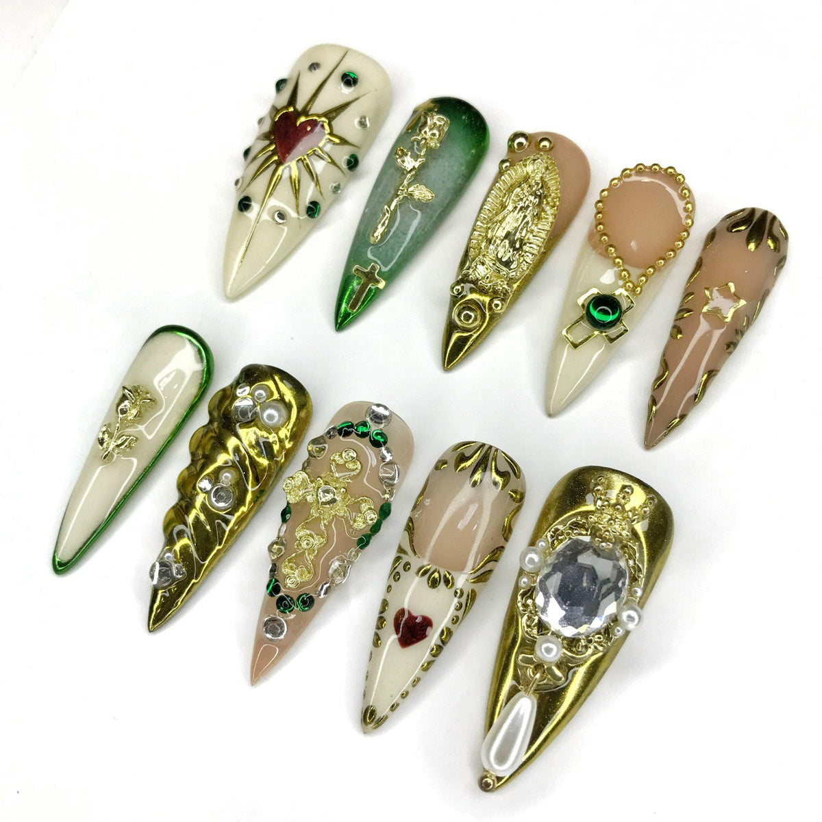 Virgin Mary and Cross Nail Set With Gold Details, Rhinestones and Pearls