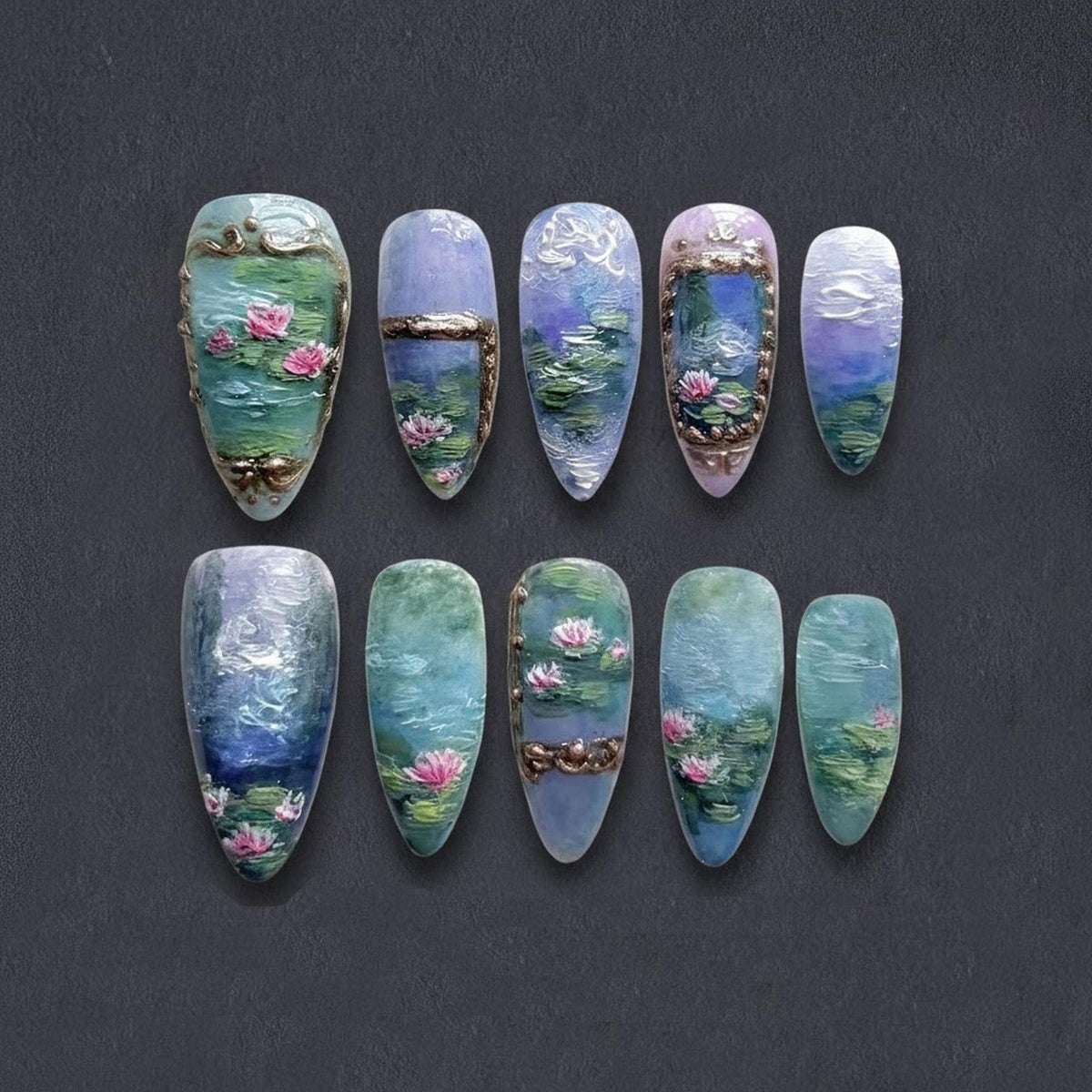 Water Lily Impressionist Pond Art Press-On Nail Set With Raised Florals and Gold Accents