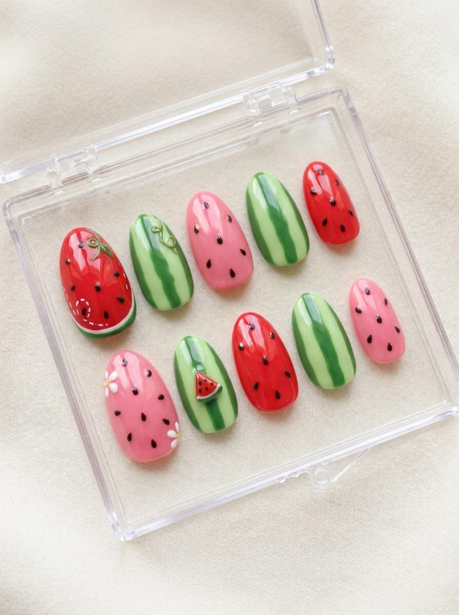 Watermelon Slice and Rind Summer Nail Set