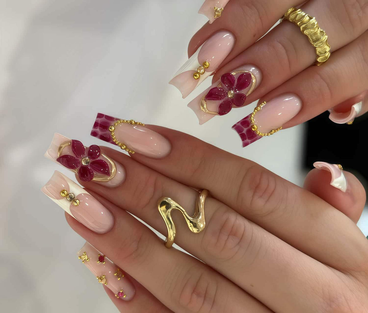 Wedding Burgundy 3D Flower French Tip Nails With Plaid and Gold Details
