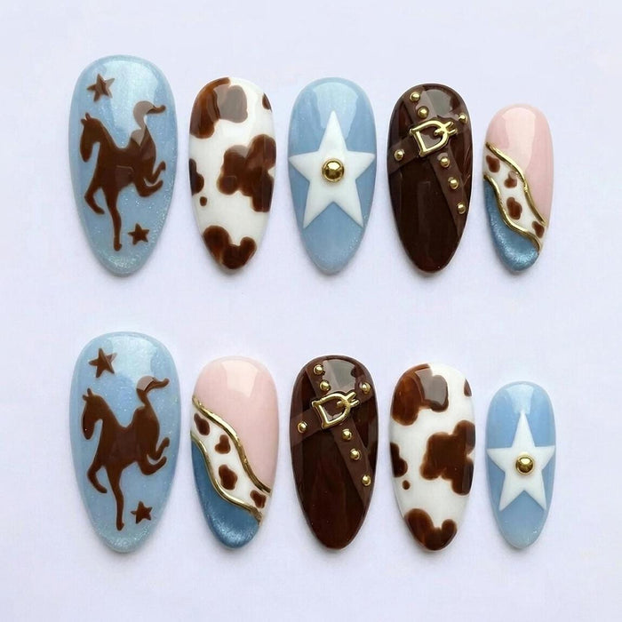 Western Cowgirl Press On Nails With Cow Print, Horses, Stars and Gold-Tone Belt Details