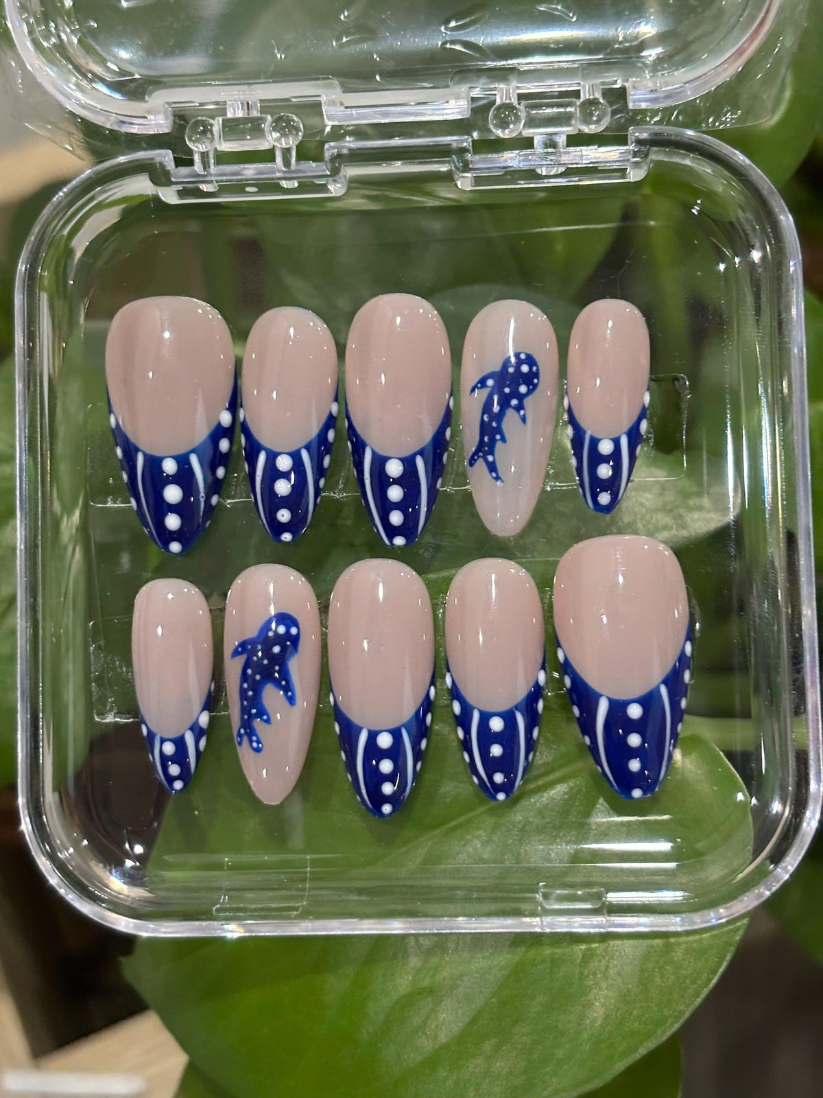 Whale Shark French Tip Nail Set With Navy Blue Dots