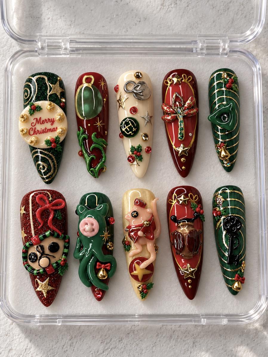 Whimsical Christmas Press On Nails in Emerald, Ruby Red and Gold