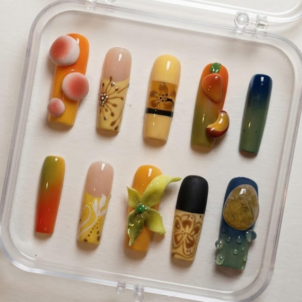 Whimsical Earthy Floral Press-On Nails With 3D Peach and Flower Details
