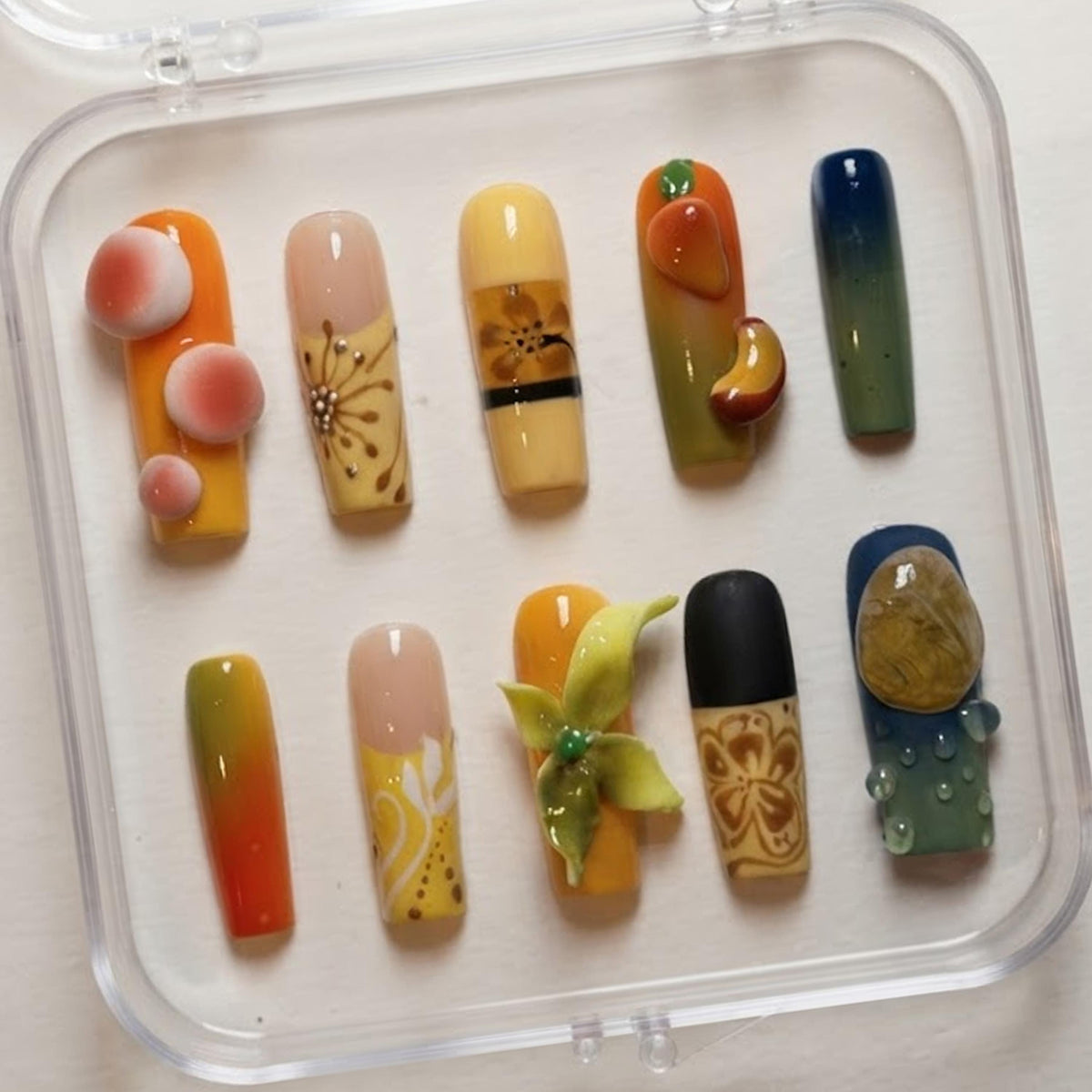 Whimsical Earthy Floral Press-On Nails With 3D Peach and Flower Details