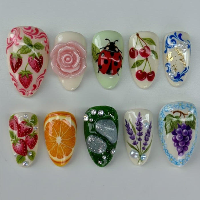 Whimsical Fruit Garden Press On Nail Set with 3D Rose, Ladybug and Rhinestone Details