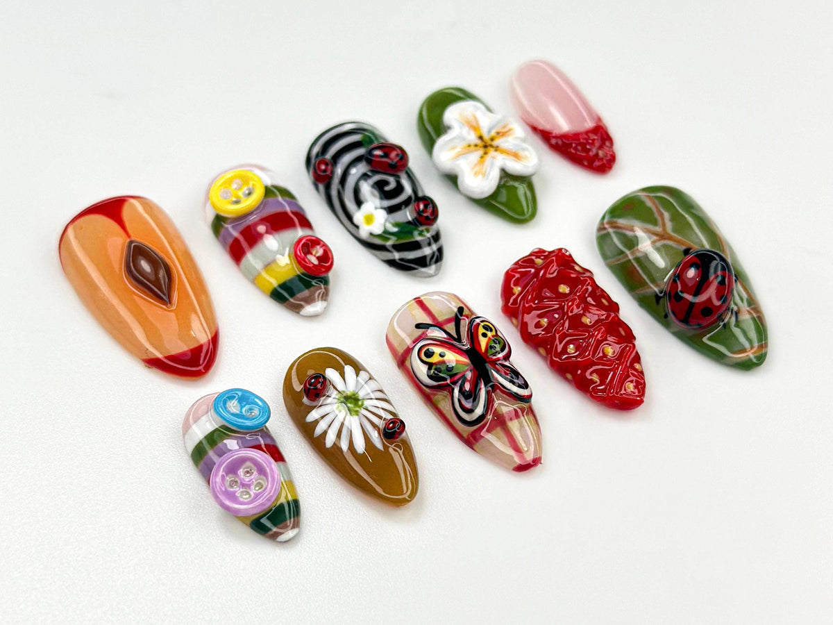 Whimsical Garden Picnic Nail Set With Plaid, Buttons, Butterfly, Ladybug and Daisy Details