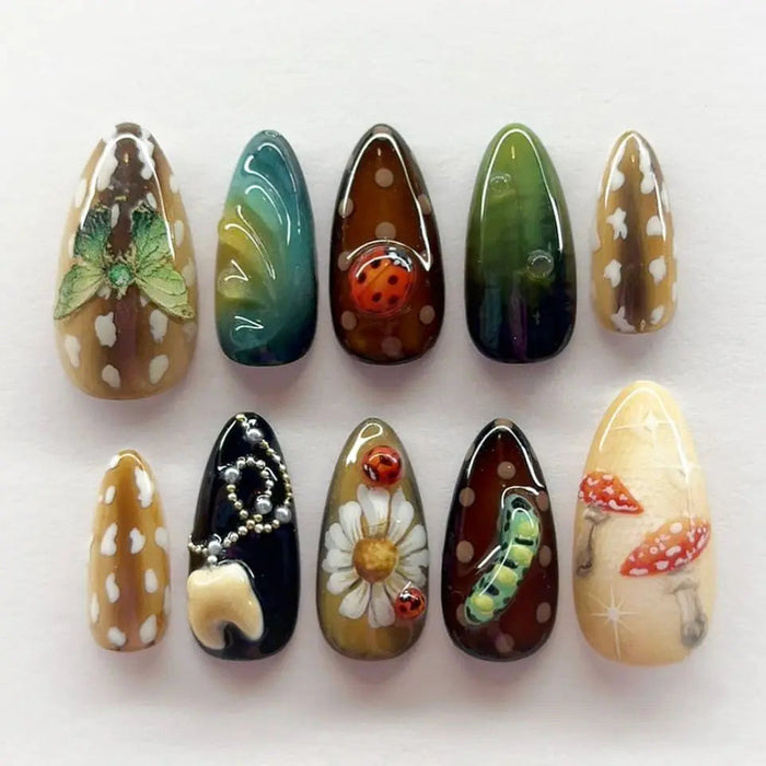 Whimsical Garden Press On Nails with Butterflies, Daisies, and Ladybugs