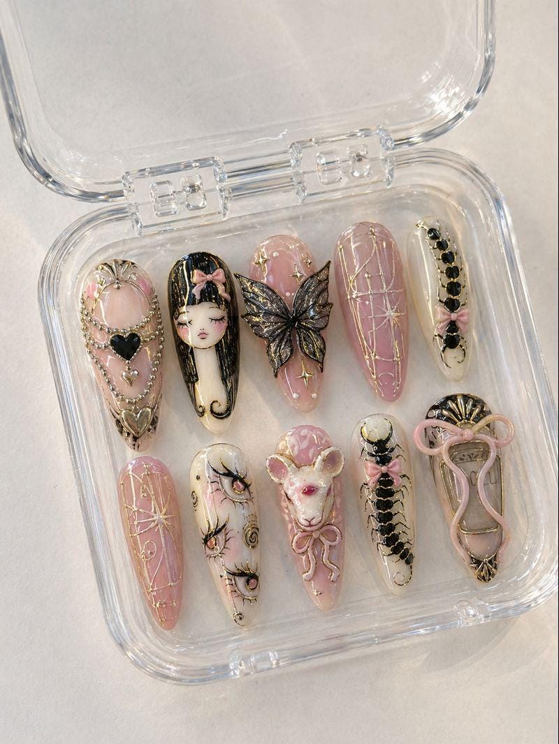 Whimsical Gothic Fantasy Press-On Nails With Pink, Gold, Portraits and Sculptural Details