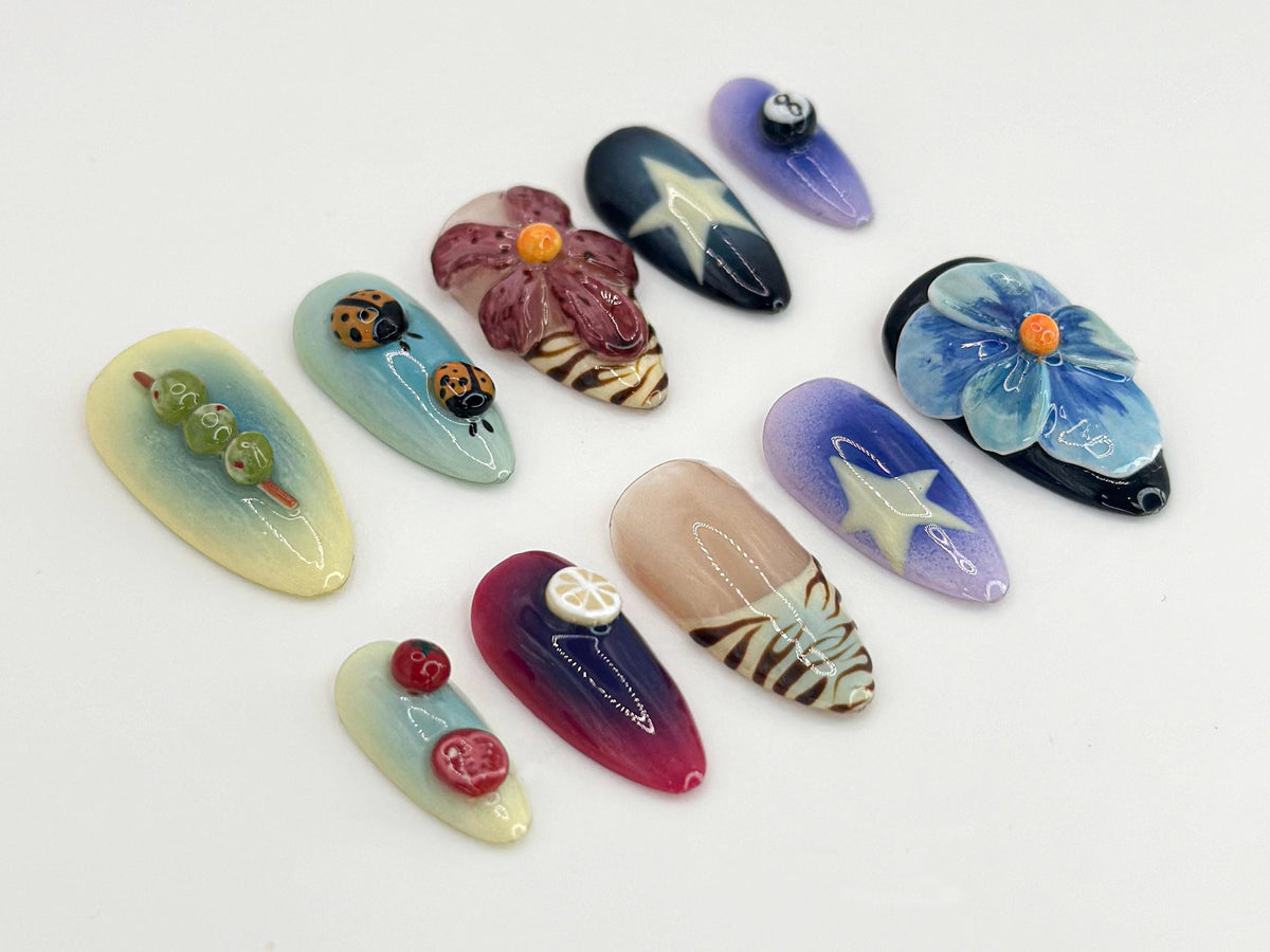 Whimsical Nature Mix Press-On Nail Set With Sculpted Flowers, Ladybugs and Citrus
