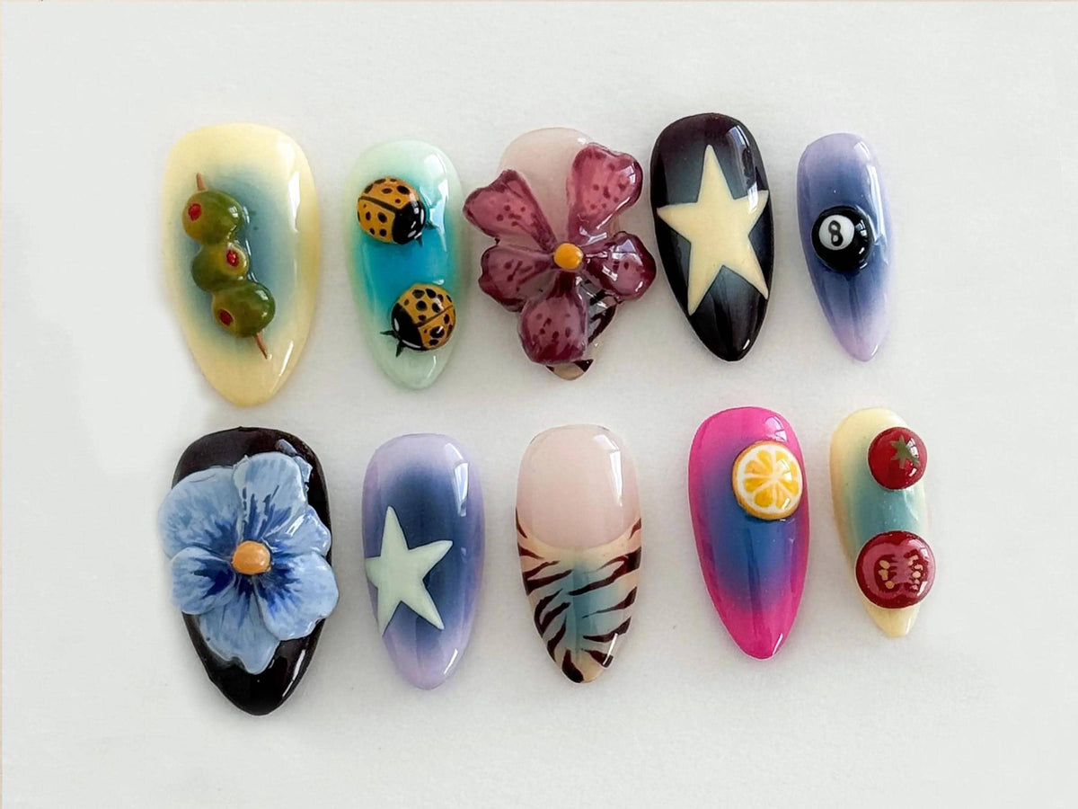 Whimsical Nature Nail Set With Flowers, Ladybugs, Fruit, Stars and Stripes