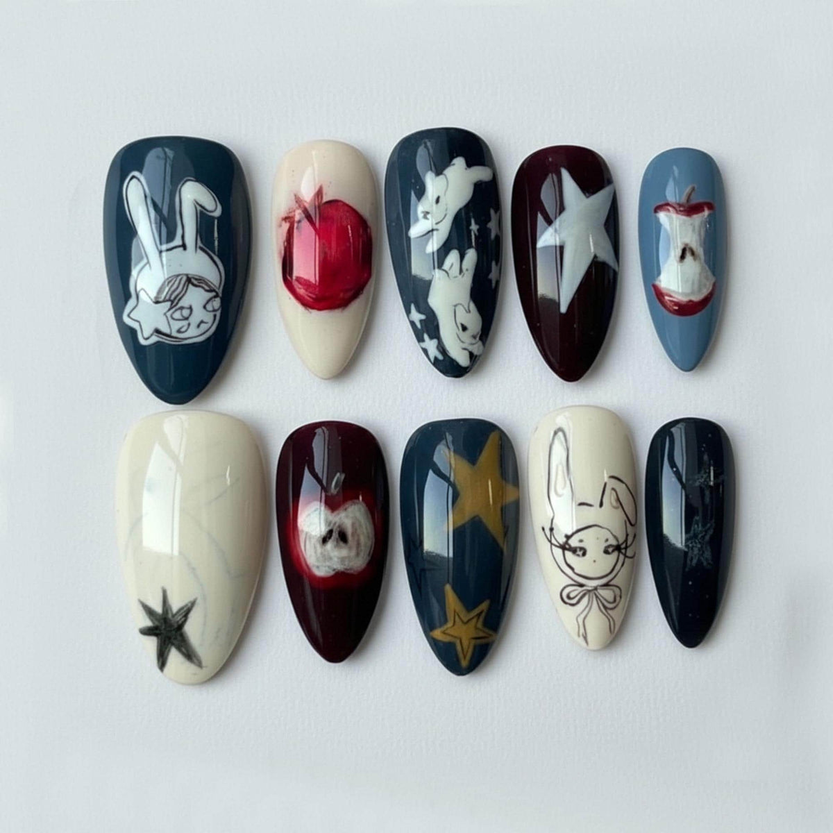 Whimsical Rabbit, Apple and Star Press On Nails in Navy and Burgundy