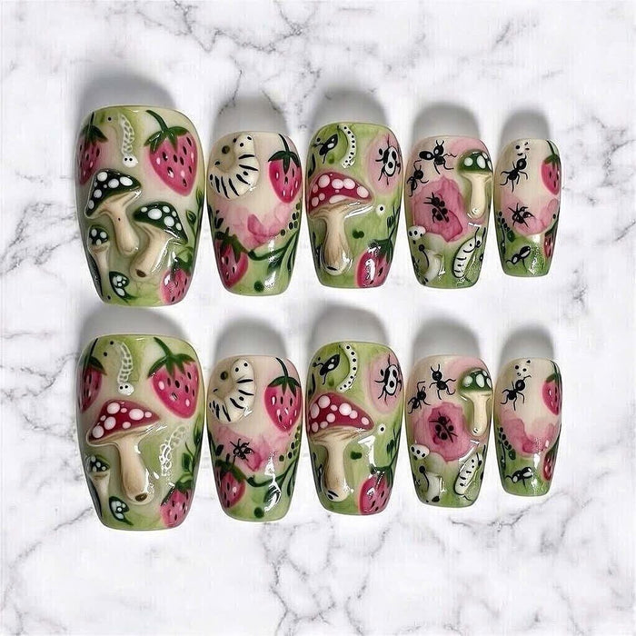 Whimsical Strawberry and Mushroom Cottagecore Press On Nail Set