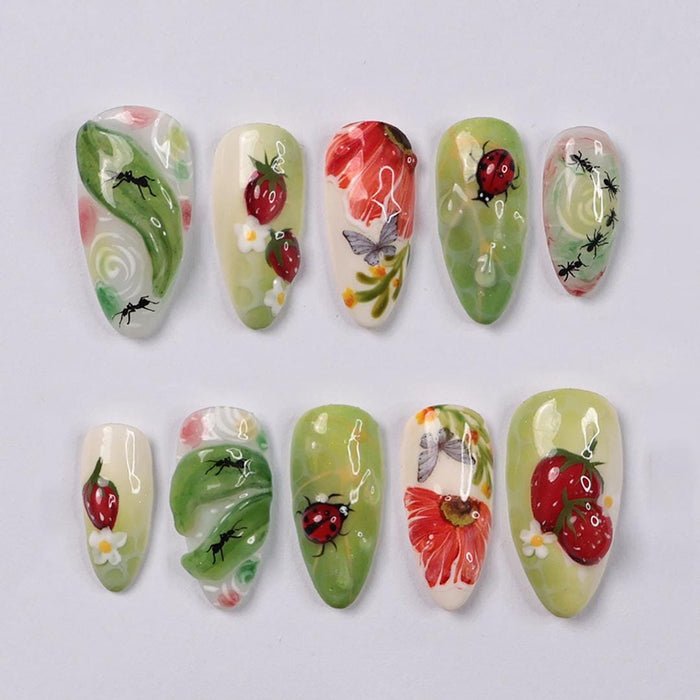 Whimsical Strawberry, Ladybug and Flower Garden Press On Nail Set